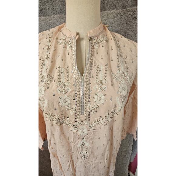 W For Woman Baby Pink Metallic Silver Kurta‎ Maxi Dress 3/4 Sleeve Hippie Medium - Picture 2 of 6